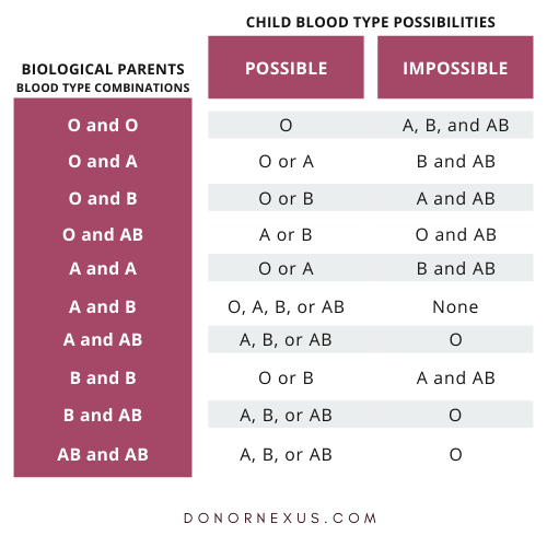 This chart displays possible and impossible blood types for children based on combinations of biological parents blood types.